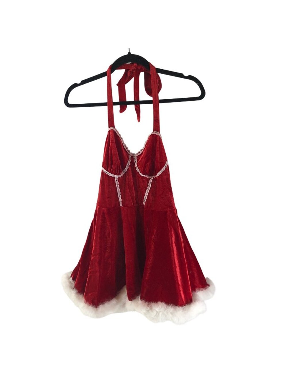 Avidlove Sexy Red Velvet Christmas Halter Dress W/ Faux Fur Trim & Belt - Size L